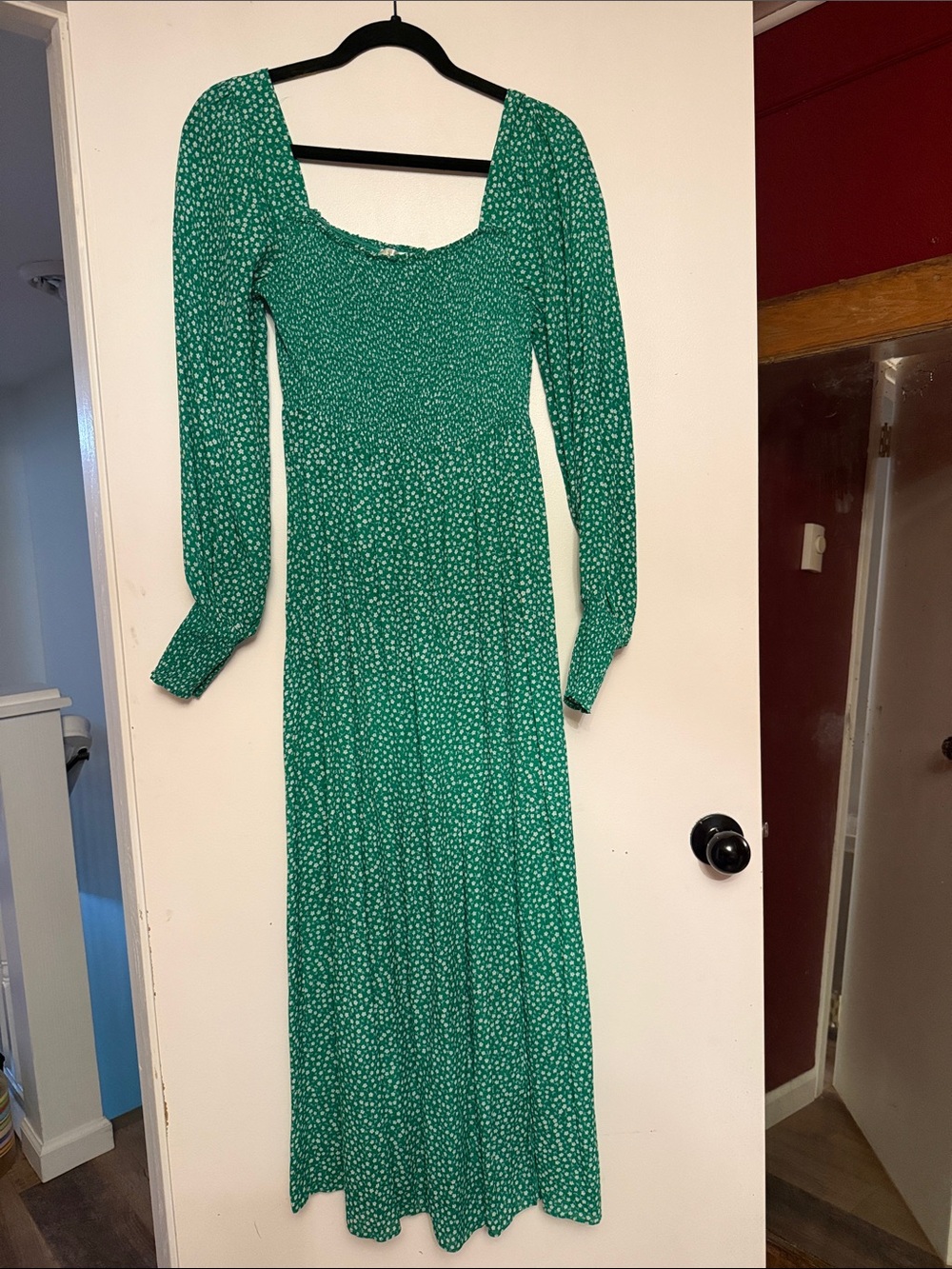 RIXO Green Long-Sleeve Smocked Maxi Dress with White Dot Print